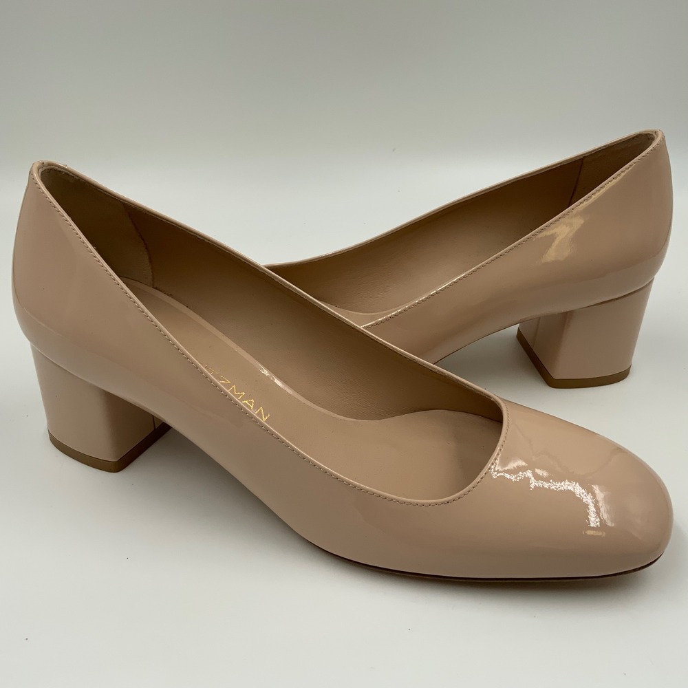 Stuart Weitzman Nude Patent Leather Block Heel Pumps Round Toe Beige SK679 8.5B